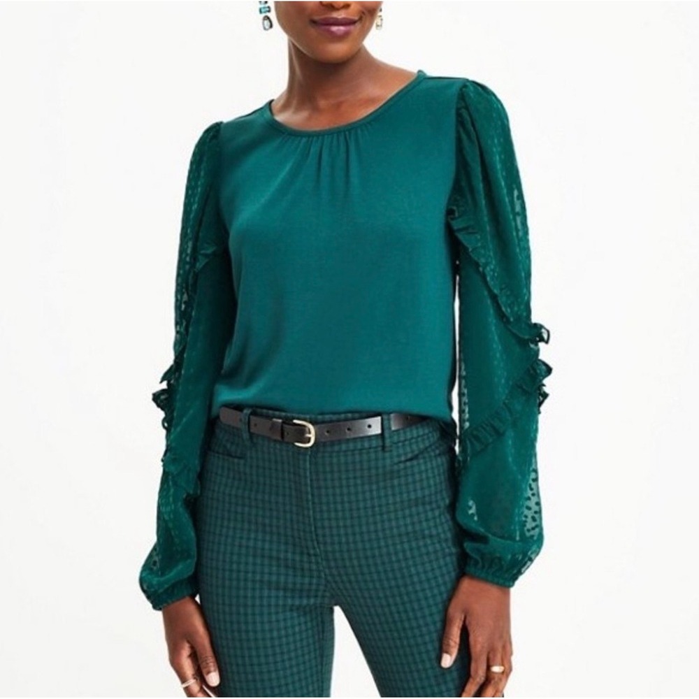 Loft Green Medium Velvet Dot Ruffle Sleeve Soft Top Dark Academia Whimsygoth Top